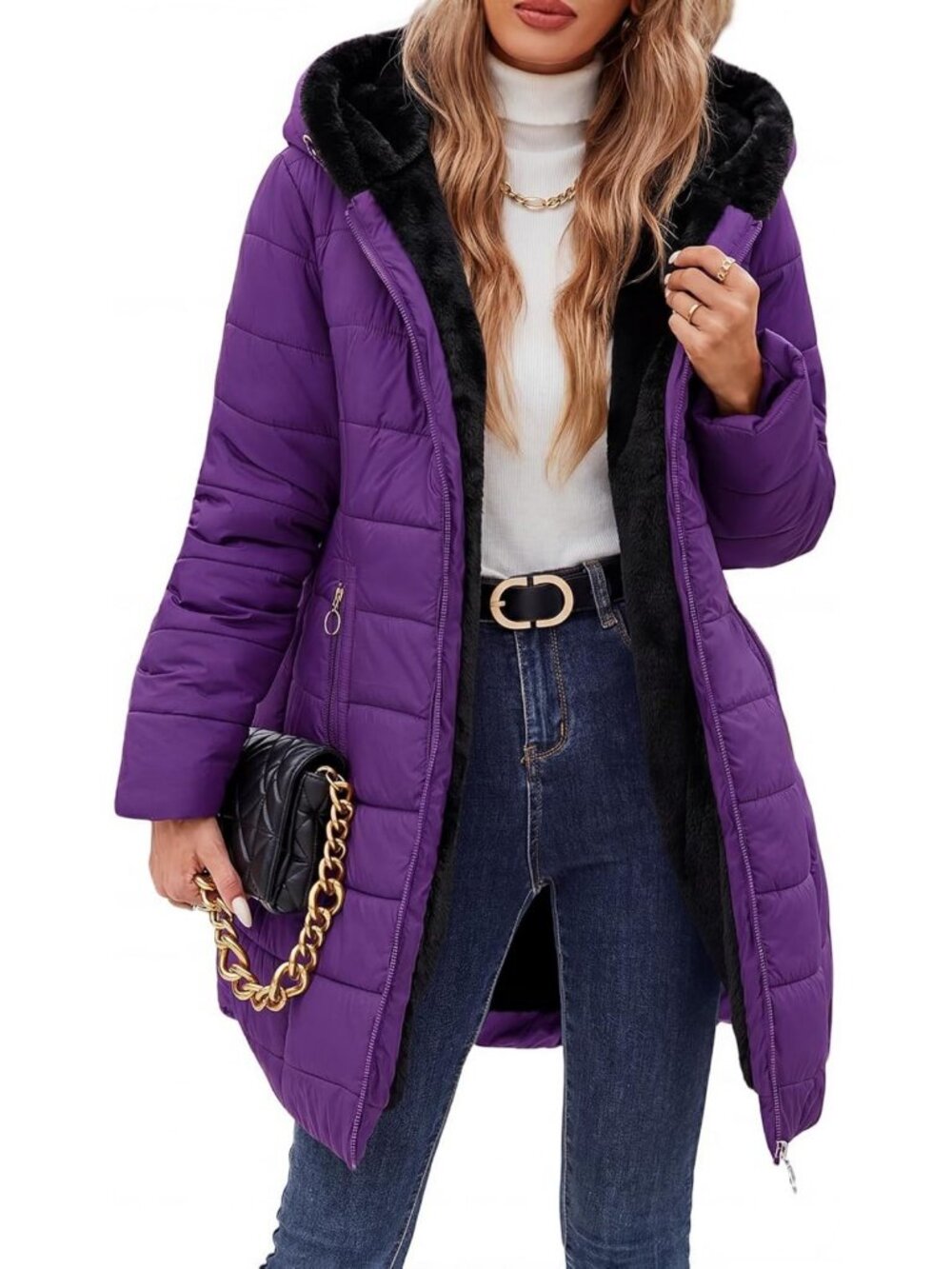 Cozy Women's Hooded Winter Coat - Warm Fleece, Windproof, Slim Fit, Pockets